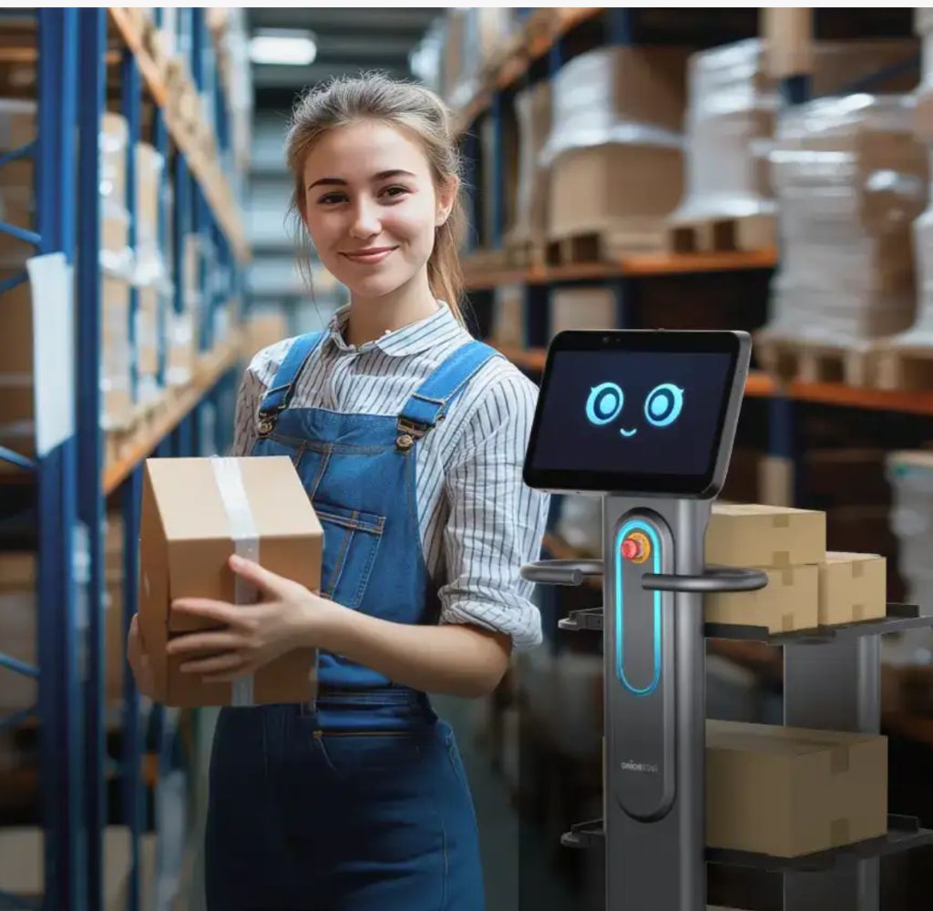 Robot de logística con trabajadora en almacén