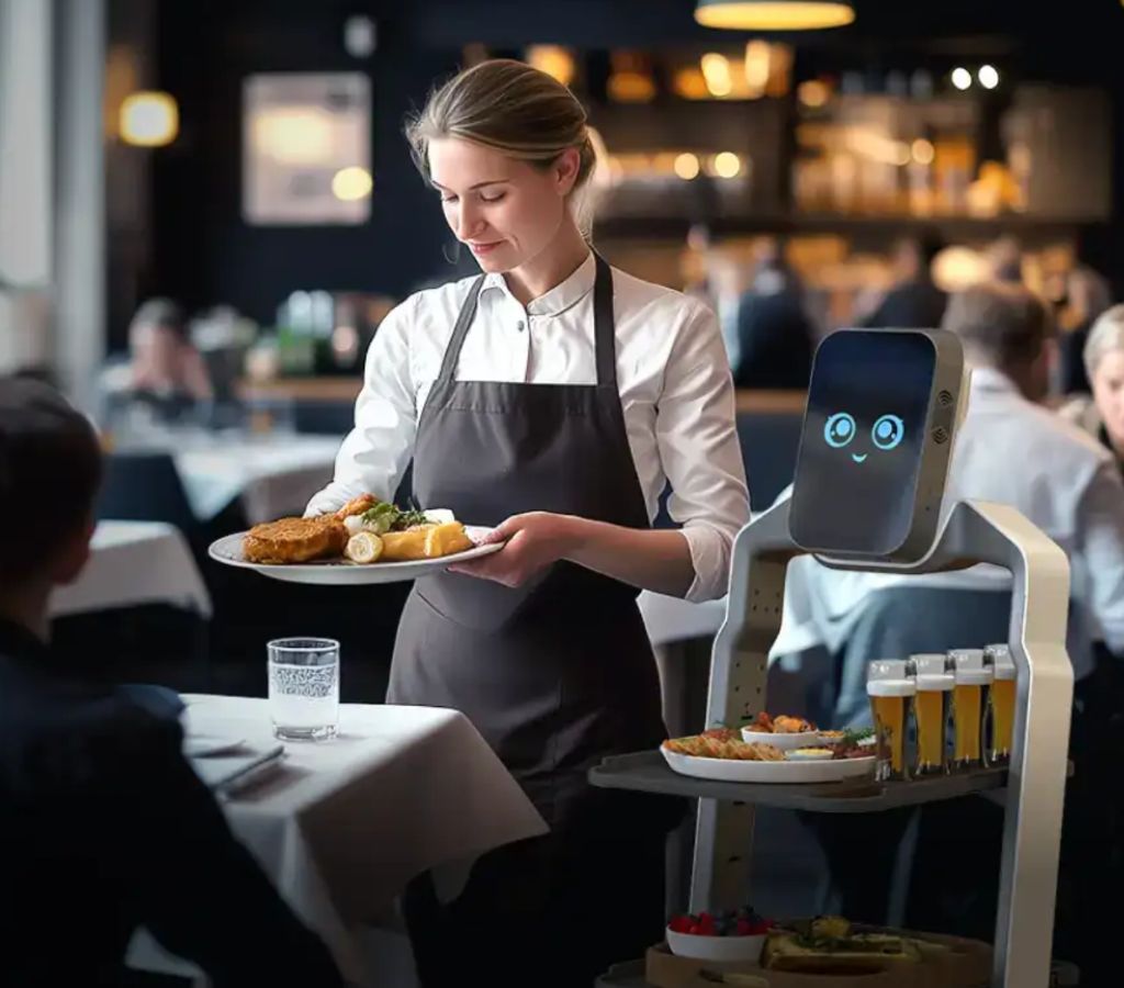Robot y camarera sirviendo en restaurante moderno