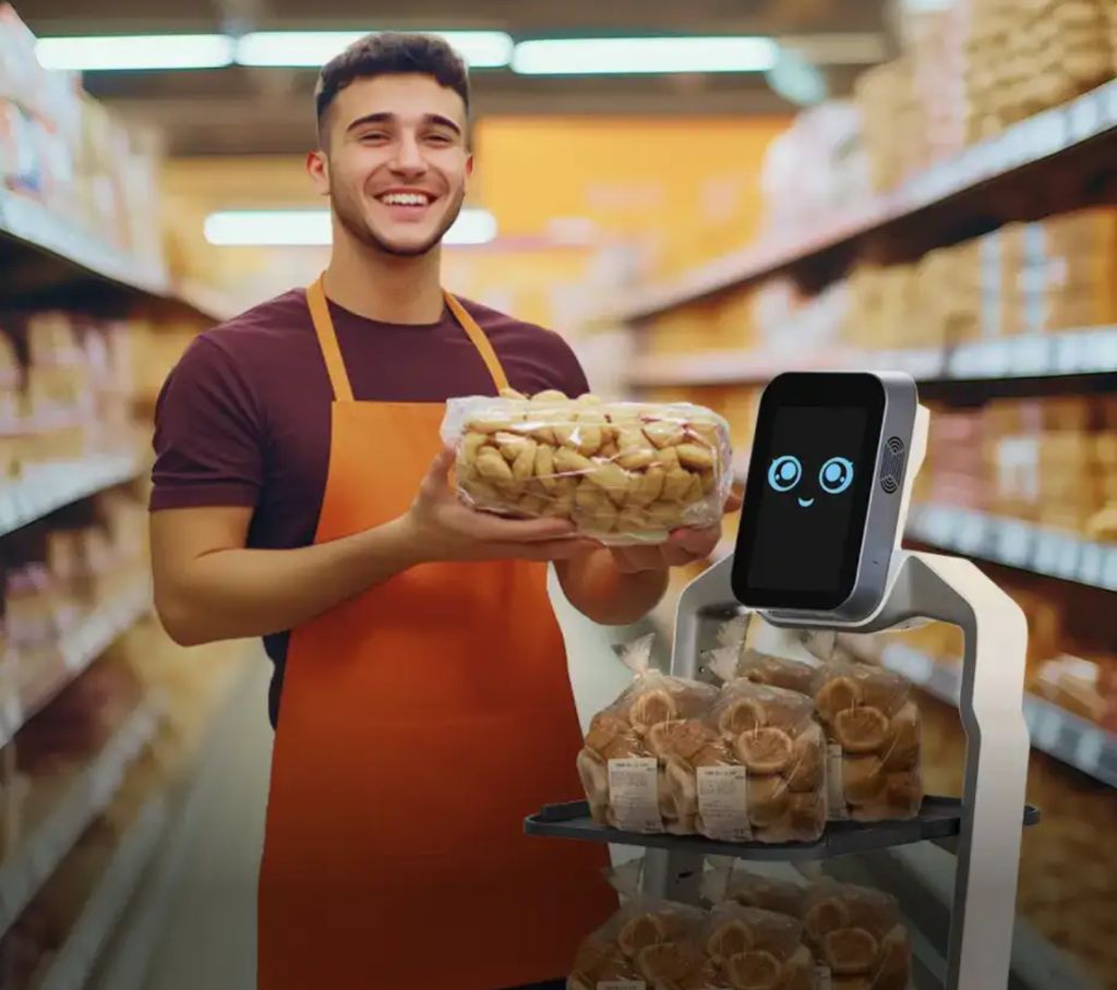 Robot con empleado en tienda retail